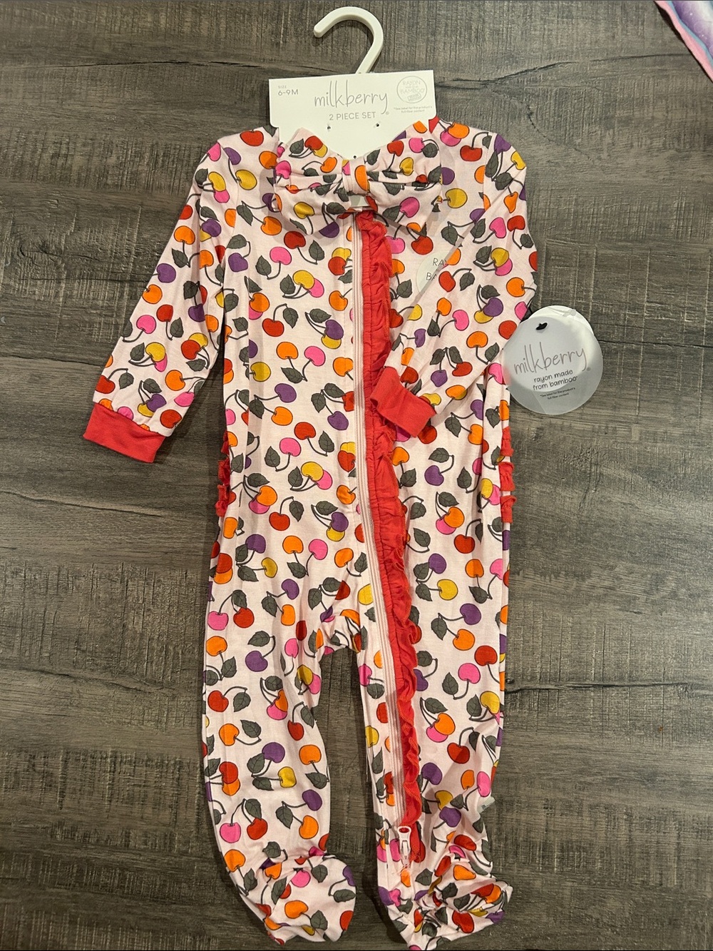 Milkberry Girls' Pink Cherry Print Ruffle Zip One-Piece Bamboo